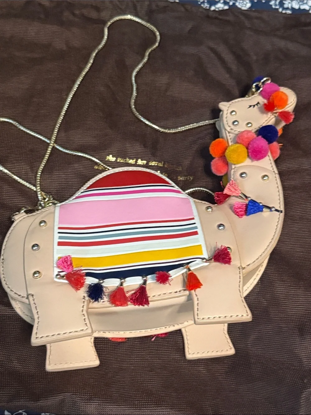 kate spade Beige Camel Crossbody with Multicolor Stripe and Pom-Poms